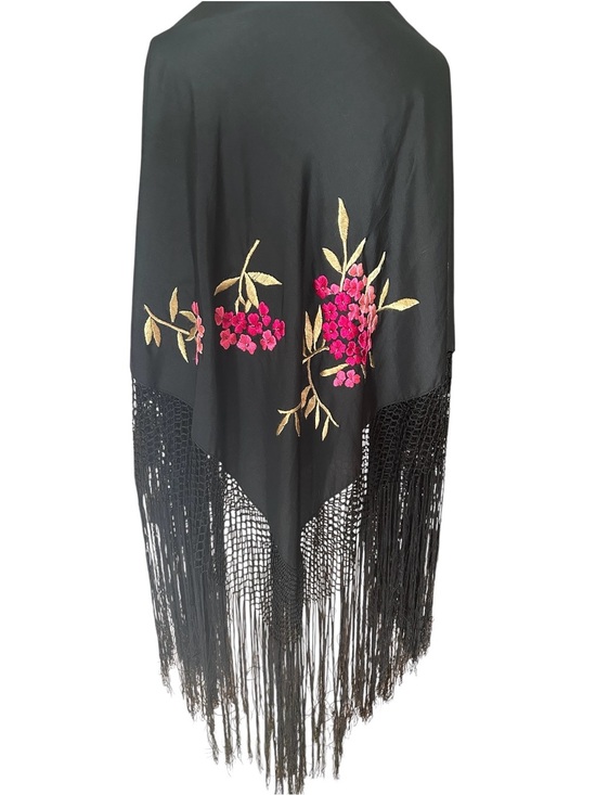 Accessories - Vintage 1920-30s Black Silk Embroidered Piano Shawl with 21” Fringe